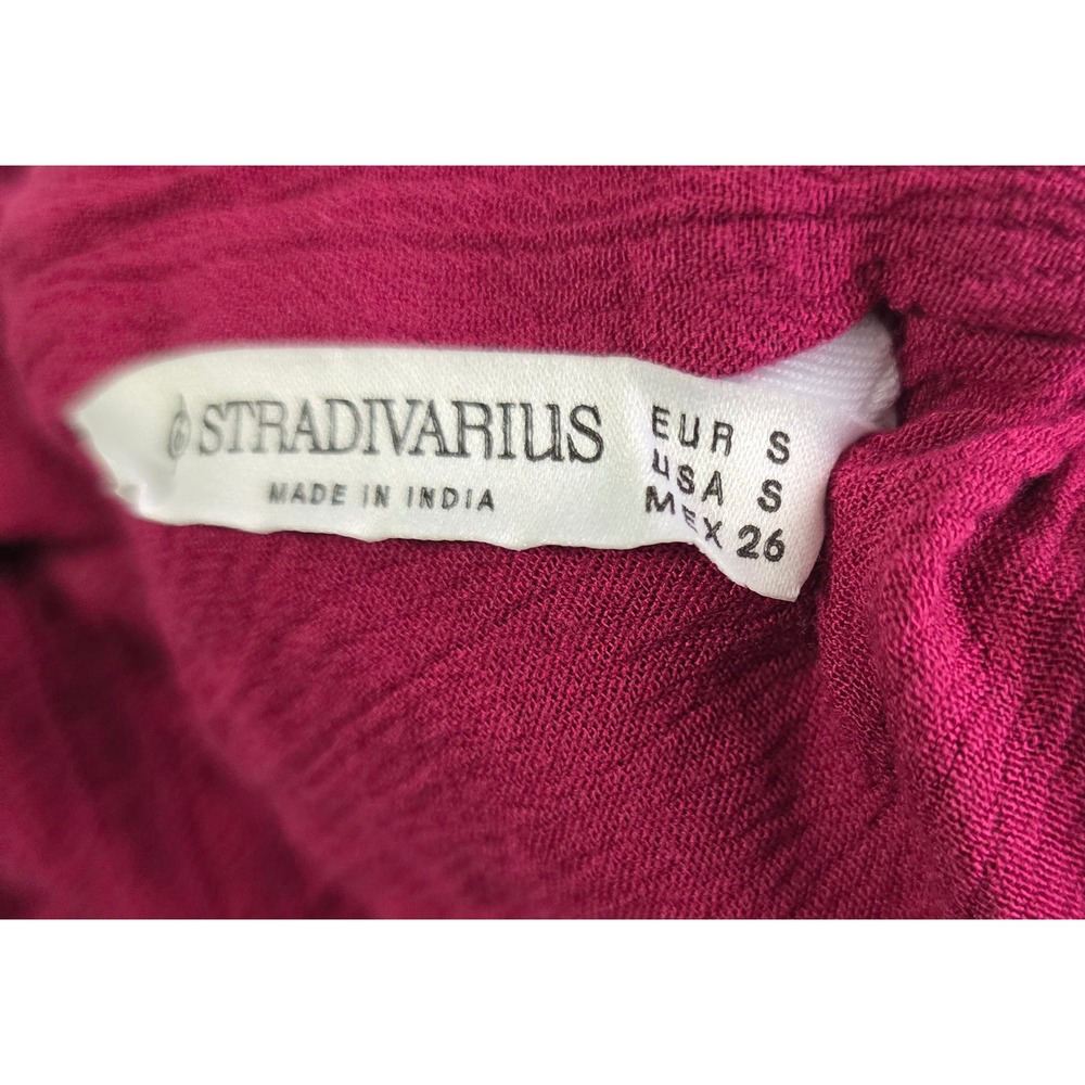 Stradivarius Smocked Crop Top Pink Embroidered Ruffle V-Neck Boho Sleeveless S - Picture 15 of 16